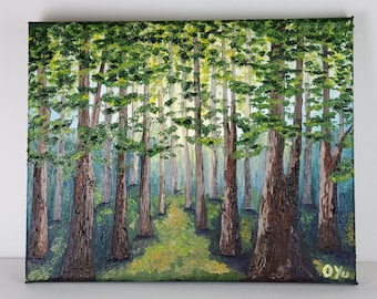 Sonnenlicht Waldweg Original Ölgemälde auf Leinwand 8x10 Zoll, Impasto Wandkunst