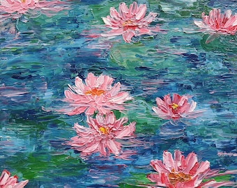 Pink Water Lily Original Oil Painting Impasto Pond Flower Monet Impressionist Wall Art