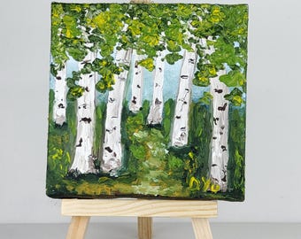 Birch Forest Miniature Original Oil Painting, Birch Grove Green Landscape Art, Impasto Canvas Decor