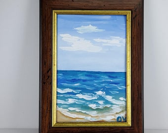 Pinturas al óleo originales en miniatura de paisajes marinos de playa italiana: mar azul, arena amarilla, técnica impasto, lienzo de 4x6 pulgadas.