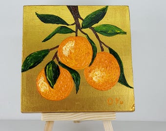 Orange Fruit Gold Leaf Background Miniature Original Oil Painting, Small Kitchen Wall Art