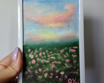 Sommer Wiese Miniatur Original Ölgemälde, Blumen Feld Landschaft Kunst, Leinwand mit oder ohne Rahmen