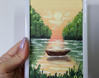 Einsames Boot See Abend Miniatur Originale Ölgemälde Pfirsich Sonnenuntergang Impasto 100x150 Leinwand