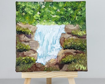 Forest Waterfall Mountain Cascade Miniature Original Oil Painting Stretched Canvas Artwork