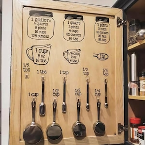 Könnte beinhalten: Holzschranktür mit schwarzem Text und Illustrationen, die Flüssigkeitsvolumenumrechnungen detailliert darstellen. Enthält Maße für Gallonen, Quarts, Pints, Tassen, Unzen, Esslöffel und Teelöffel. Darunter Messbecher und Löffel.