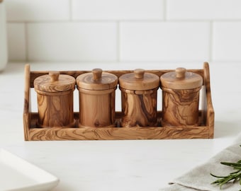 Set of 4 olive wood spice jars with stand | Handmade kitchen storage boxes | Gift for an organized Mediterranean kitchen