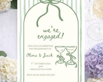 Invitation verte modifiable de fête de fiançailles | Téléchargement immédiat, invitation à une fête de fiançailles vert tendre minimaliste et chic
