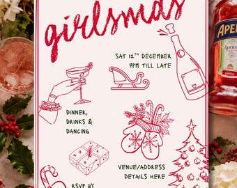Invitation pour une fête de Noël entre filles - Modèle Canva modifiable | Téléchargement numérique instantané
