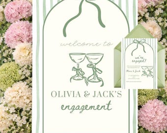 Panneau de bienvenue et invitation pour une fête de fiançailles | Modèle modifiable, téléchargement instantané, vert sauge, minimaliste et chic