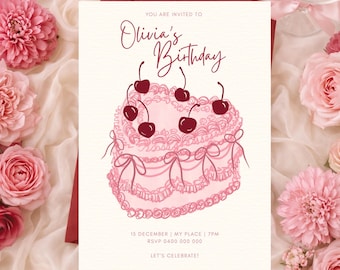 Vintage Kuchen Mädchen Geburtstagseinladung - Bearbeitbare Canva Vorlage | Sofort Download