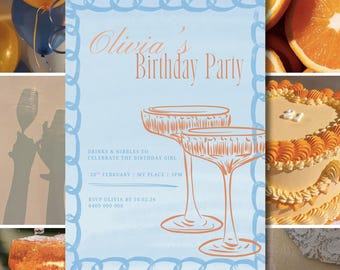 faire-part de fête d'anniversaire cocktail | Invitation à une fête bleu et orange, Spritz - Modèle de toile modifiable | Téléchargement instantané