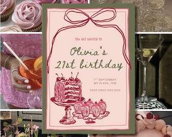 21. Geburtstagseinladung - Bearbeitbare Canva Vorlage | Mädchen Geburtstagsparty einladen, Mädchen Geburtstagseinladung, Rosa und Grün Girly einladen
