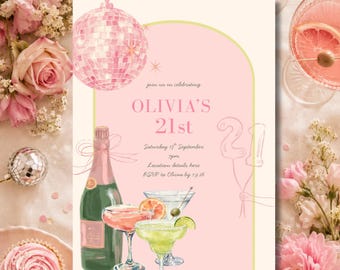 Invitation pour un 21e anniversaire girly - Modèle Canva modifiable | Téléchargement instantané