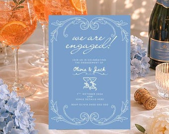 Invitation de fête de fiançailles bleue | Modifiable, téléchargement immédiat, minimaliste et chic