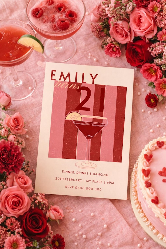 Girl’s 21st Birthday Party Invitation - Editable Canva Template | Instant Download, Red and Pink 21st Party Invite, Cool Girl Cocktail Party