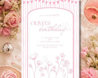 Invitation d'anniversaire rose pour fille - Modèle Canva modifiable | Téléchargement instantané