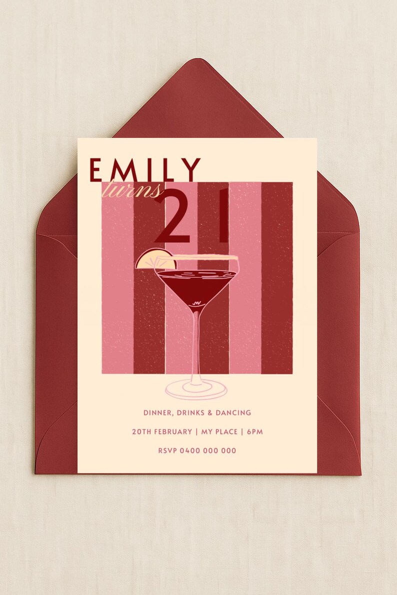 Einladung zur 21. Geburtstagsparty des Mädchens - Bearbeitbare Canva-Vorlage | Sofortiger Download, rot und rosa 21st Party einladen, cooles Girl-Cocktail-Party Bild 2