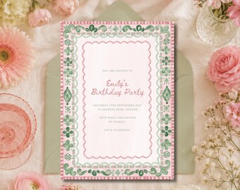 Faire-part d'anniversaire rose et vert - Modèle de toile modifiable | Téléchargement instantané, invitation à une fête d'anniversaire de fille