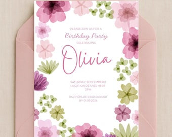Invitation d'anniversaire pour fille sur le thème des fleurs - Modèle modifiable, invitation pour une fête d'anniversaire rose et verte