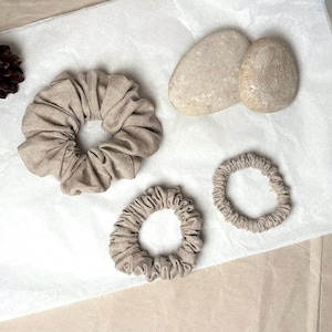 Set of 3 Raw Linen Scrunchies – Natural Beige Boho Hair Ties - Scandinavian Hair Accessories