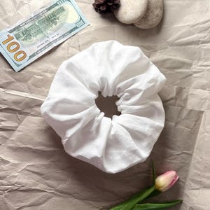 May include: A white fabric scrunchie, circular in shape with a gathered design. A one hundred dollar bill, a pine cone, two smooth stones, and a pink tulip are also in the image.