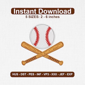 Könnte beinhalten: Ein Stickmuster mit einem weißen Baseball mit roten Nähten über zwei gekreuzten hölzernen Baseballschlägern. Der Text lautet Instant Download, 5 SIZES: 5 - 15 cm, sowie HUS - DST - PES - INF - VP3 - XXX - JEF - EXP.