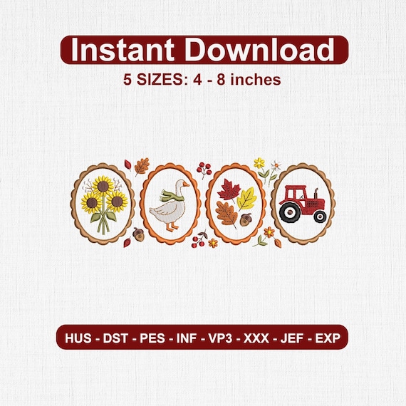 Cottagecore Fall Embroidery Design | Autumn Goose Floral Farmhouse Machine Embroidery File | Sunflower Tractor Leaves