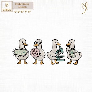 May include: An embroidery design featuring four cartoon ducks in a science theme. One duck holds a petri dish, another a microscope, and another a germ. The design is available in 5 sizes, from 4" to 8".