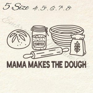 Könnte beinhalten: Strichzeichnung mit Backutensilien und Zutaten. Enthält ein Brotlaib, ein Glas mit der Aufschrift "STARTER", ein Nudelholz, eine Rührschüssel und einen Mehlsack. Der Text "MAMA MAKES THE DOUGH" befindet sich darunter.