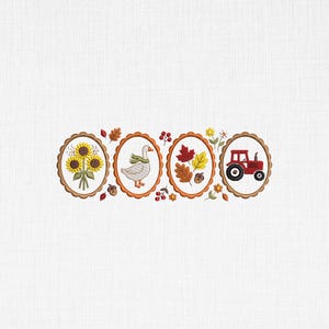 May include: An embroidery design featuring four oval frames with scalloped edges. The frames contain a bouquet of yellow sunflowers, a white goose wearing a green scarf, a collection of autumn leaves with an acorn, and a red farm tractor.