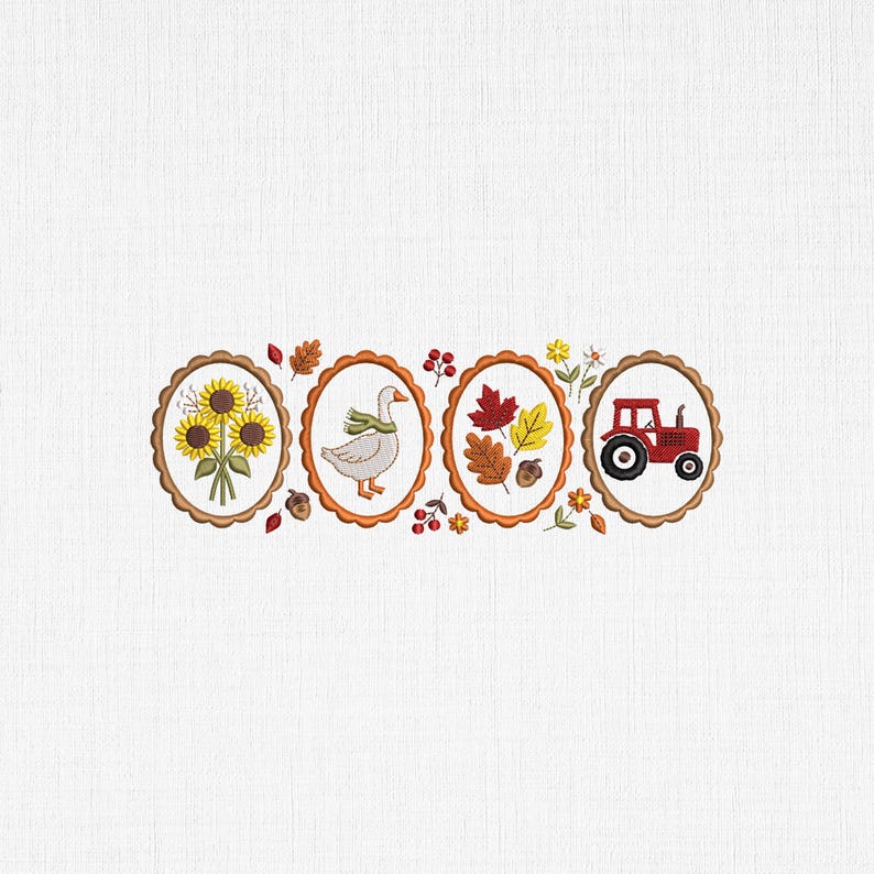 May include: An embroidery design featuring four oval frames with scalloped edges. The frames contain a bouquet of yellow sunflowers, a white goose wearing a green scarf, a collection of autumn leaves with an acorn, and a red farm tractor.