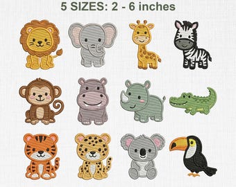 Safari Animals Mini Embroidery Design Set – Baby Jungle Animals Lion Elephant Giraffe Zebra Machine Embroidery Files