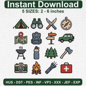 May include: A collection of camping-themed digital embroidery designs. Includes a tent, binoculars, knife, compass, map, backpack, signpost, car, grill, water bottle, trees, axe, camera, campfire, flashlight, and first aid kit. Designs are 2 to 6 inches in size.