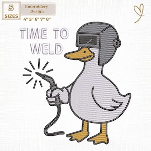 Peut inclure: Motif de broderie représentant un canard de dessin animé portant un casque de soudeur et tenant une torche de soudage. Le texte "TIME TO WELD" est au-dessus du canard. Disponible en 5 tailles : 10 cm, 13 cm, 15 cm, 18 cm et 20 cm.