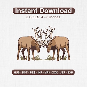 Pode incluir: Um design de bordado com dois uapitis castanhos frente a frente com grandes hastes que se tocam, sobre pequenos pedaços de relva verde. O texto diz Instant Download, 5 SIZES: 4 - 8 inches, e HUS - DST - PES - INF - VP3 - XXX - JEF - EXP.