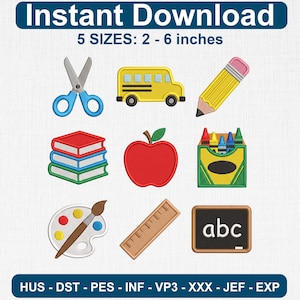 Puede incluir: Imagen con el texto "Instant Download" y "5 TAMAÑOS: 5 - 15 cm". La imagen presenta diseños bordados con temática escolar, que incluyen tijeras, un autobús escolar, un lápiz, libros, una manzana, crayones, una paleta, una regla y una pizarra.