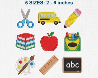 Mini Back to School Embroidery Design Bundle, Kids School Machine Embroidery Files, School Bus Apple Pencil Teacher Icons