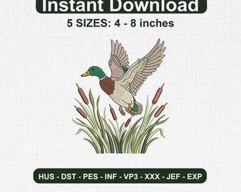 Flying Mallard Duck Embroidery Design, Wildlife Bird with Cattails Machine Embroidery, Nature Outdoor Hunting Lake Bird, Instant Download