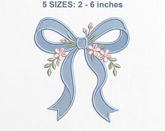 Floral Coquette Bow Embroidery Design, Preppy Bow Embroidery Machine File, Blue Ribbon Bow Design, Girly Satin Ribbon PES DST JEF