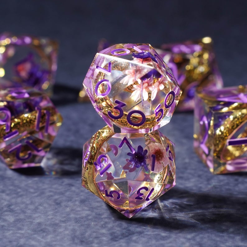 Amethyst Floral Ring Dice Set, Light Purple Dnd Dice With Dried Flowers ...
