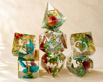 Blue Floral Botanical Dice Set, Ocean Garden DnD Dice, Clear Sharp Edge Resin Polyhedral Gift