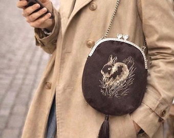 Bunny Embroidered Crossbody Bag – Vegan Suede Rabbit Purse, Easter Gift, Handmade Limited Edition