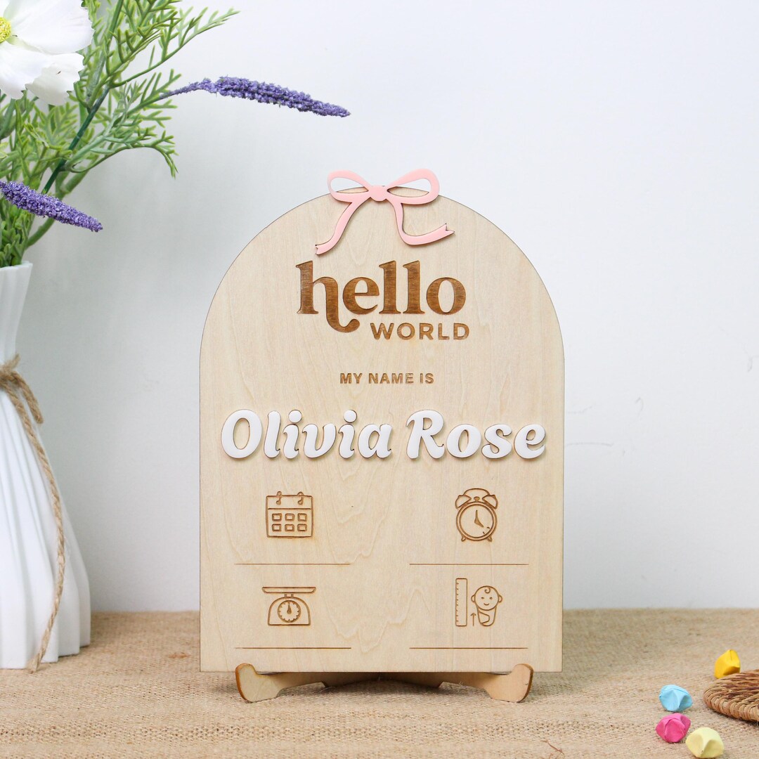 Personalized Hello World Baby Name Sign, Wooden Birth Announcement ...