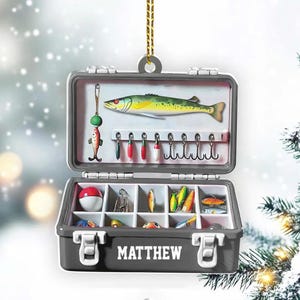 Adorno personalizado para caja de pesca, regalo personalizado para pescadores, adorno de pesca con nombre personalizado, regalo navideño para pescadores, recuerdo para pescadores
