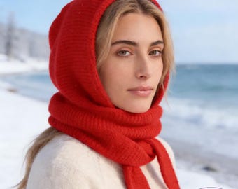 Cachecol com capuz Sophie de lã, feito à mão com tricô macio, cachecol aconchegante de inverno com capuz, capuz vermelho quente com amarração para mulheres, lenço de cabeça de lã macia, xale com capuz