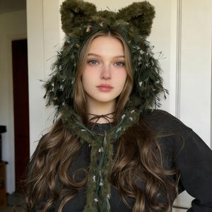 Handmade Moss Green Cat Ear Hood: Fuzzy Knit Fairycore Beanie
