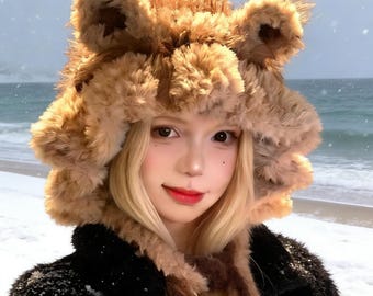 Gorro com capuz e orelhas de urso, feito à mão, chapéu fofo para cosplay, aconchegante em tons de cinza e preto.