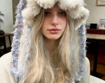 Gorro com capuz de orelhas de coelho, moletom kawaii em tons pastel, cachecol com capuz de pelúcia fofo com pompons, gorro de coelho para o inverno, gorro de animal macio e aconchegante