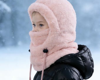 Gorro infantil aconchegante e quentinho de inverno, balaclava infantil com capuz de lã, gorro de inverno quente para meninas e meninos, protetor de rosto e pescoço de pelúcia macia