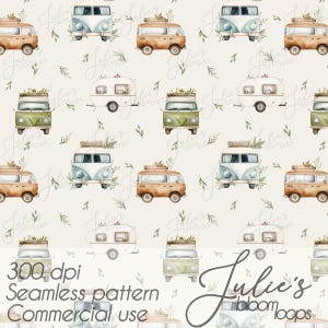 May include: A repeating pattern of watercolour camper vans in shades of blue, brown, and green, with luggage on the roof. The design includes small green leaves and the text "Julie's Bloomloops".